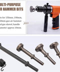 Extended Length Air Hammer Bits Set With Spring 0.401 Pneumatic Chisel Bits For Heavy Duty Jobs Includes Four Shapes In Durable Alloy Steel Perfect For Auto Body Shaping Metal Grinding Demolition And Rugged Tools with visible hammer and bits, including flat and spherical heads, and spring.