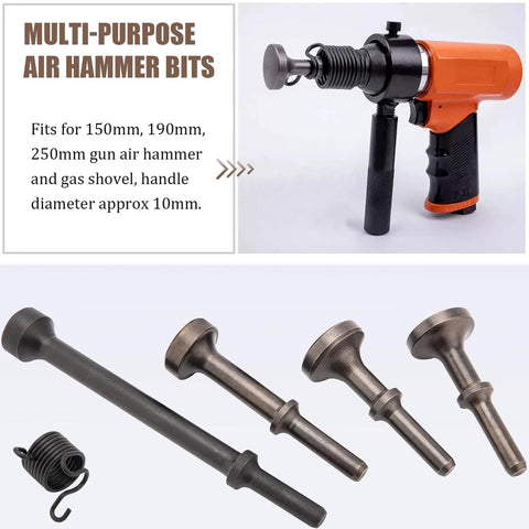 Extended Length Air Hammer Bits Set With Spring 0.401 Pneumatic Chisel Bits For Heavy Duty Jobs Includes Four Shapes In Durable Alloy Steel Perfect For Auto Body Shaping Metal Grinding Demolition And Rugged Tools with visible hammer and bits, including flat and spherical heads, and spring.