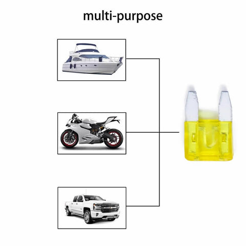 Diagram showing 100 Pack 20 Amp Auto Fuses For ATC ATO Blade Style 32V Short Circuit Protection Car Fuse Kit with vehicle uses.