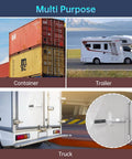 Cargo Trailer Door Hasp Keeper Bar Lock Handle For Enclosed Car Hauler Ramp Gates Cam Latch Lock With Screws Nut Weatherproof Rust Resistant Heavy Duty Steel Construction shown on a truck with close-up.