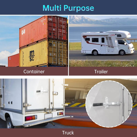 Cargo Trailer Door Hasp Keeper Bar Lock Handle For Enclosed Car Hauler Ramp Gates Cam Latch Lock With Screws Nut Weatherproof Rust Resistant Heavy Duty Steel Construction shown on a truck with close-up.