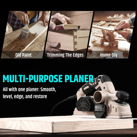 Effortlessly smooth and shape wood with a corded electric hand planer, delivering a 7.7 Amp motor at 15,000 RPM on a workbench