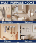 Multi-purpose hooks in living room, bathroom, kitchen, and bedroom settings showing versatility for hanging items.