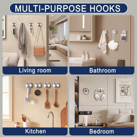 Multi-purpose hooks in living room, bathroom, kitchen, and bedroom settings showing versatility for hanging items.