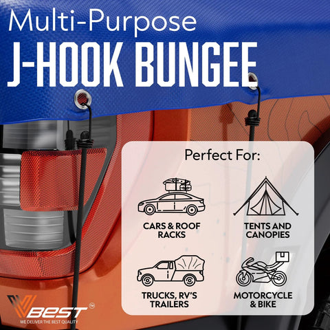 Six Piece Heavy Duty Bungee Cords With Hooks 36 Inch Outdoor Set UV Resistant Weather Resistant Rubber Core And PP Wire Construction securing vehicle