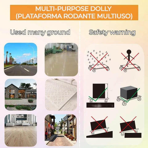 Safety warnings and usage surfaces for hardwood furniture moving dolly set of 2 with 15 x 15 inch wood platform and rubber silent wheels.