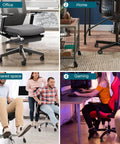 Office and home chairs in multiple settings including a gaming chair, showcasing versatility for work and leisure.