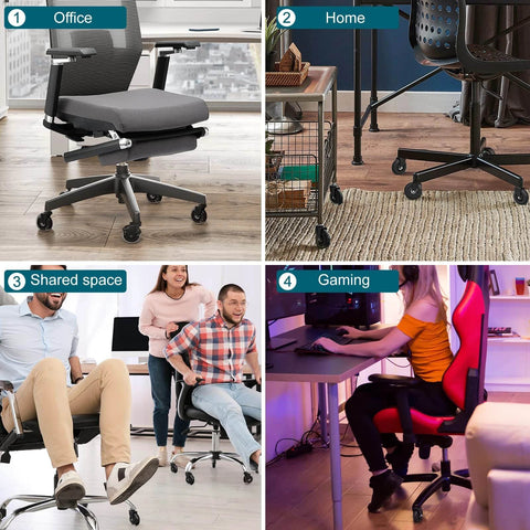 Office and home chairs in multiple settings including a gaming chair, showcasing versatility for work and leisure.