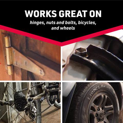 Collage showing Multi Purpose Oil 3 In One For Lubrication And Cleaning, Rust Protection And Precise Application on hinges, nuts, bicycle, wheel