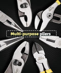 Heavy Duty 7 Piece Pliers Set For Home Repair And DIY Projects With Long Nose Pliers Slip Joint Pliers Linesman Pliers And Diagonal Pliers A Versatile Auto Electrical And General Tools Kit arranged in a circle on black background.