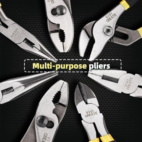 Heavy Duty 7 Piece Pliers Set For Home Repair And DIY Projects With Long Nose Pliers Slip Joint Pliers Linesman Pliers And Diagonal Pliers A Versatile Auto Electrical And General Tools Kit arranged in a circle on black background.