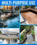 Multi-purpose use of Pond Liner Seam Tape 3 Inch By 50 Foot Ultra Strong Double Sided Butyl Adhesive shown on ponds, decks, roofs, and gutters.