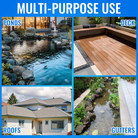 Multi-purpose use of Pond Liner Seam Tape 3 Inch By 50 Foot Ultra Strong Double Sided Butyl Adhesive shown on ponds, decks, roofs, and gutters.