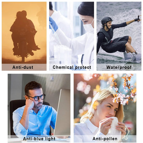 Various professionals using protective gear against dust, chemicals, water, blue light, and pollen in different environments.
