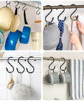 Metal S hooks organizing kitchen utensils, clothes, mugs, and towels on racks in a home setting
