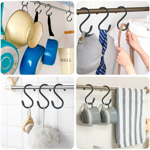 Metal S hooks organizing kitchen utensils, clothes, mugs, and towels on racks in a home setting