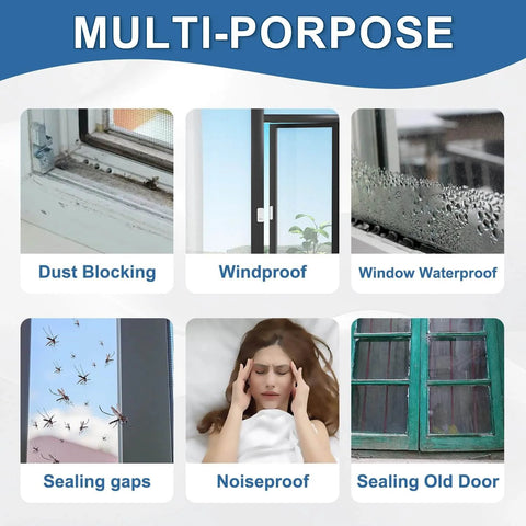 Infographic showcasing Window Sealing Tape 2IN x 33 FT Draft Isolation No Residue Removable Adhesive use for window insulation and noiseproofing.