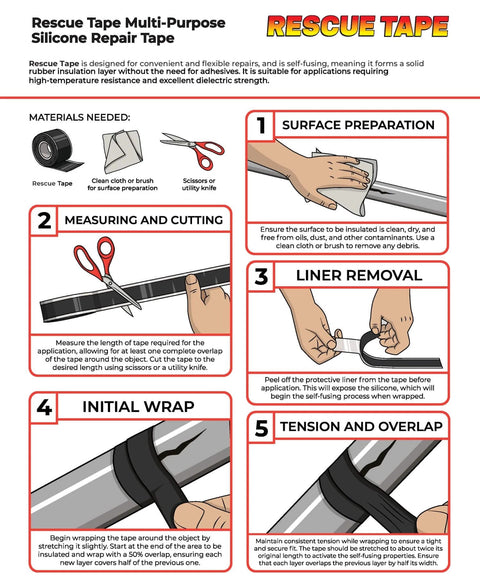 Instructional guide for using Rescue Tape Self Fusing Silicone Tape for emergency plumbing repairs and other applications.