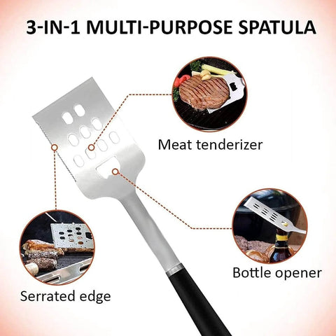 3-in-1 multi-purpose spatula with meat tenderizer, serrated edge, and bottle opener, heavy-duty stainless steel, non-slip handle