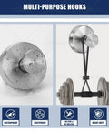 Multi-purpose stainless steel hooks with waterproof and rustproof design for heavy-duty use, shown holding a weight.