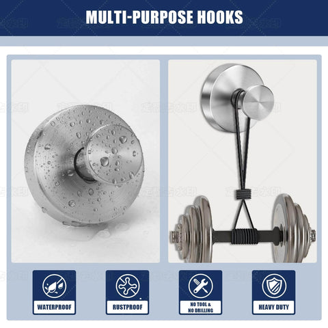 Multi-purpose stainless steel hooks with waterproof and rustproof design for heavy-duty use, shown holding a weight.