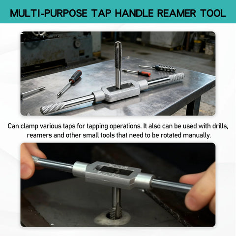 Adjustable Tap Wrench Handle for M6 to M20 and 1/4 to 3/4 inch taps, shown in use on metal table, ideal for threading and finishing
