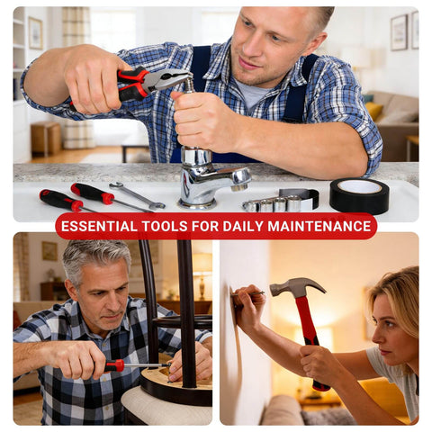 Collage of the 112 Piece Automotive And Household Tool Set With Tape Measure Screwdrivers Hammer Pliers Hex Keys And Bits Perfect For Car Enthusiasts And DIY Home Repair Durable Heavy Duty Tools For Everyday Projects in use.
