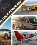 Heavy Duty Rubber Wheel Chocks For RVs, Trailers, Campers, Trucks And Aircraft with reflective strips shown in multiple vehicle scenarios