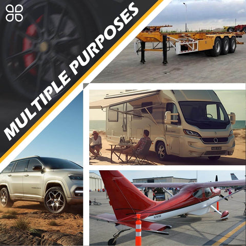 Heavy Duty Rubber Wheel Chocks For RVs, Trailers, Campers, Trucks And Aircraft with reflective strips shown in multiple vehicle scenarios