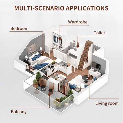 3D floor plan showing bedroom, wardrobe, toilet, living room, and balcony with labels for multi-scenario applications.