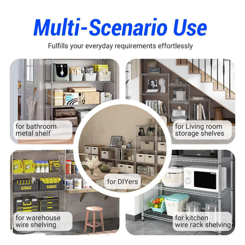 Multi-scenario use of 24 Pack Three Quarter Inch Wire Shelf Clips with Secure Locking Metal Design for versatile shelving.