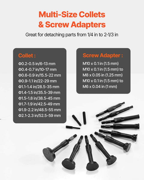Blind Hole Bearing Puller Set, 16-in-1 Inner Bearing Race and Seal Extractor Kit showing multi-size collets and screw adapters