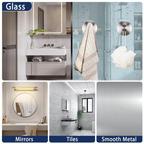 Bathroom interiors showing glass, mirrors, tiles, and smooth metal surfaces with sleek modern design.