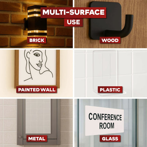 Heavy Duty Double Sided Mounting Tape Removable Clear Adhesive 1 Inch By 450 Inch Weatherproof For Brick Walls And Indoor Outdoor Use That Grips Wood Metal Concrete And Plastic shown on different surfaces.