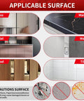 Diagram showing surfaces applicable for Heavy Duty Double Sided Tape 2 Roll Mounting Kit, 19.68 Ft Total; includes glass, marble, metal, walls, wood, tiles.