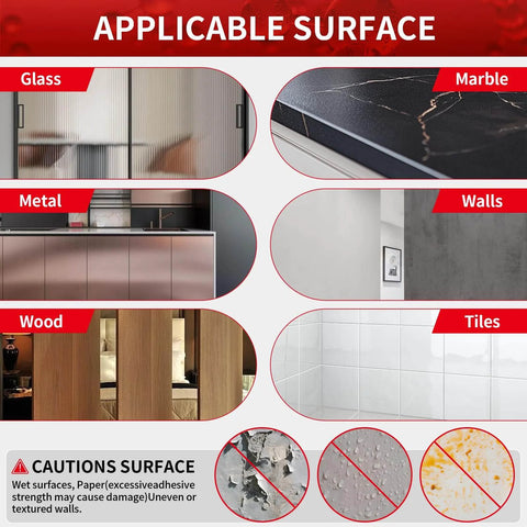 Diagram showing surfaces applicable for Heavy Duty Double Sided Tape 2 Roll Mounting Kit, 19.68 Ft Total; includes glass, marble, metal, walls, wood, tiles.
