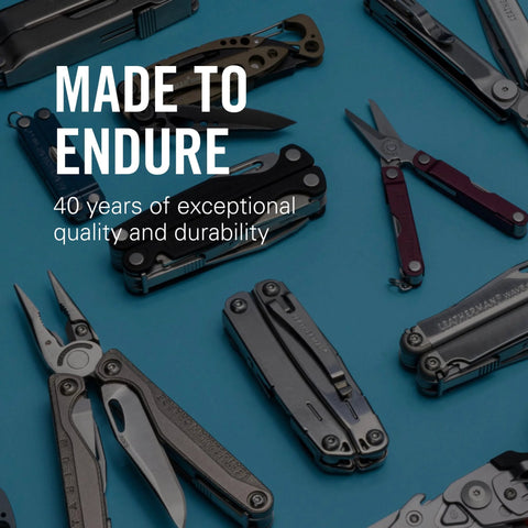 Assorted multi-tools and shears on blue background, showcasing durability and design.