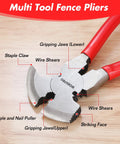 Six In One 10 Inch Fencing Pliers Multi Tool For Fence Installation And Repair with labeled parts on wooden surface.