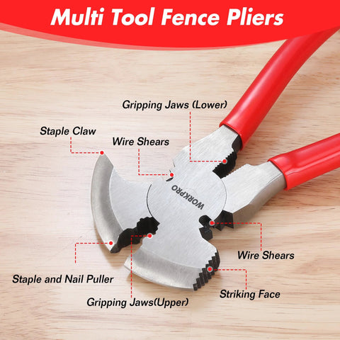 Six In One 10 Inch Fencing Pliers Multi Tool For Fence Installation And Repair with labeled parts on wooden surface.