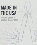 Blueprint drawing of multi-tool with text 'Made in the USA, Proudly based in Oregon since 1983' displayed prominently.