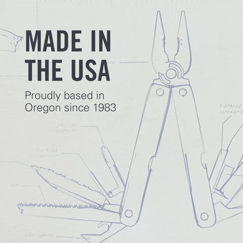 Blueprint drawing of multi-tool with text 'Made in the USA, Proudly based in Oregon since 1983' displayed prominently.