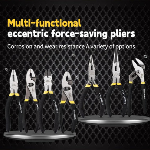 Heavy Duty 7 Piece Pliers Set For Home Repair And DIY Projects With Long Nose Pliers Slip Joint Pliers Linesman Pliers And Diagonal Pliers A Versatile Auto Electrical And General Tools Kit displayed with black handles.