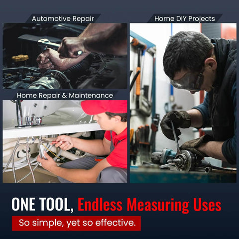 Collage showing a Bolt Size Finder Keychain Gauge for bolts and nuts SAE five sixteenth to one inch and metric 8 to 25 mm in various repair scenarios.