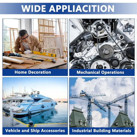 Collage showing applications of 370 Piece Roll Pin Assortment Set For SAE Slotted Spring Pins in home, mechanical, marine, industrial settings