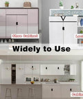 Collage of shoe cabinet, locker, and kitchen cabinets labeled for varied home use.