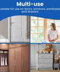 Multi-use home and furniture settings for kid and pet friendly soft foam door pinch guard use, doors and cabinets shown.