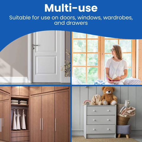 Multi-use home and furniture settings for kid and pet friendly soft foam door pinch guard use, doors and cabinets shown.