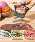 Person using Onion Slicer and Holder With Pro Grade 10 Stainless Steel Prongs For Stable Even Slicing Safe Non Slip Base on meat