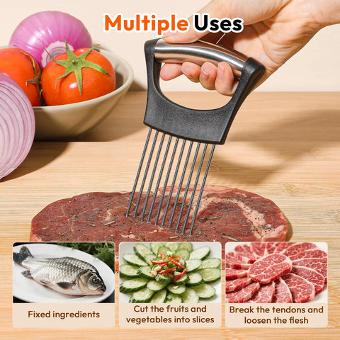 Person using Onion Slicer and Holder With Pro Grade 10 Stainless Steel Prongs For Stable Even Slicing Safe Non Slip Base on meat