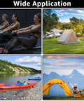 Collage showing various applications: women exercising indoors, tents in a campground, kayaks by a river, and camping in mountains.